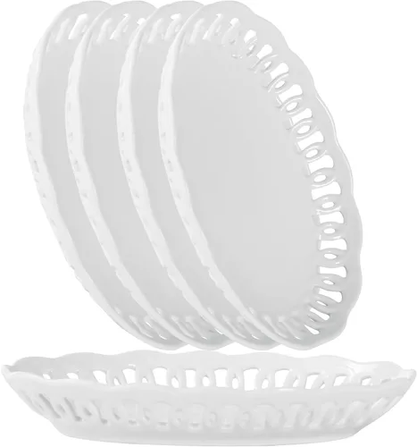 Vista 12 de Juego de 4 platos de cena de 10 pulgadas con borde de encaje, nuevos platos redondos de porcelana color hueso con diseño único de ahuecamiento