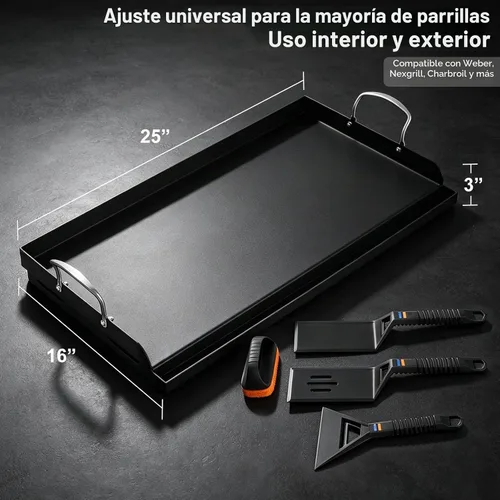Vista 7 de Parrilla de hierro fundido de 25 x 16 pulgadas para parrilla de gas con kit de herramientas de plancha de silicona, parrilla pre-sazonada