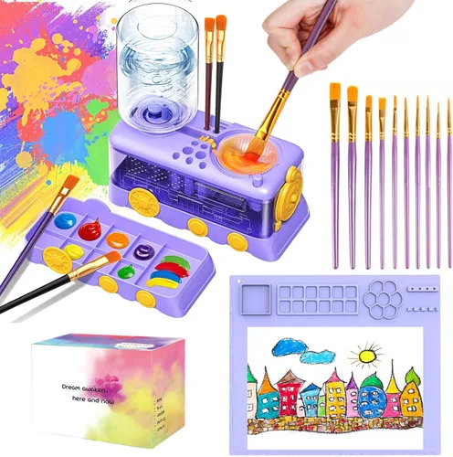 Vista 7 de Kit de limpieza de pinceles para niños con 5 pinceles, bata de arte, tapete lavable, guía, tarro limpiador de pinceles en espiral para acuarela