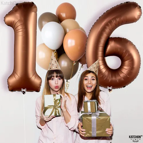 Vista 8 de KatchOn Globo marrón café con el número 16 de 1 pieza, 40 pulgadas, decoraciones de cumpleaños para niñas y niños Globo marrón café número 16 de 1