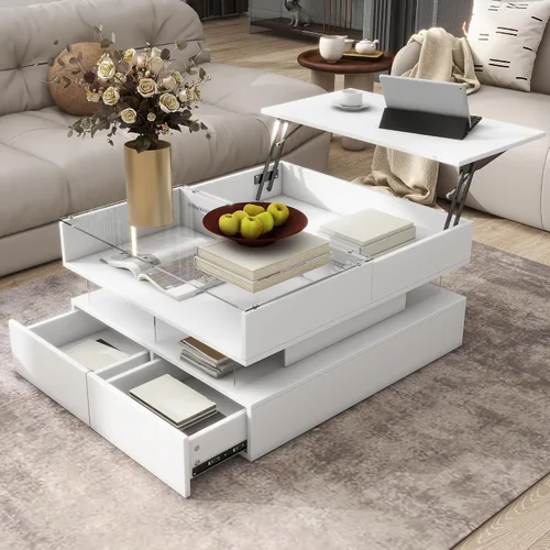 Vista 27 de Mesa auxiliar elevable con almacenamiento, moderna mesa central de 42 pulgadas con tres paneles de almacenamiento ocultos y estriados, elevación