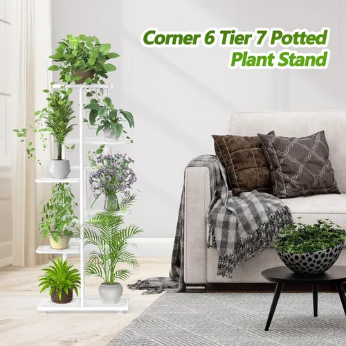 Vista 3 de Soporte para plantas de 6 niveles y 7 macetas para interiores con herramientas y guantes de jardinería, organizador de estantes de metal esquineros