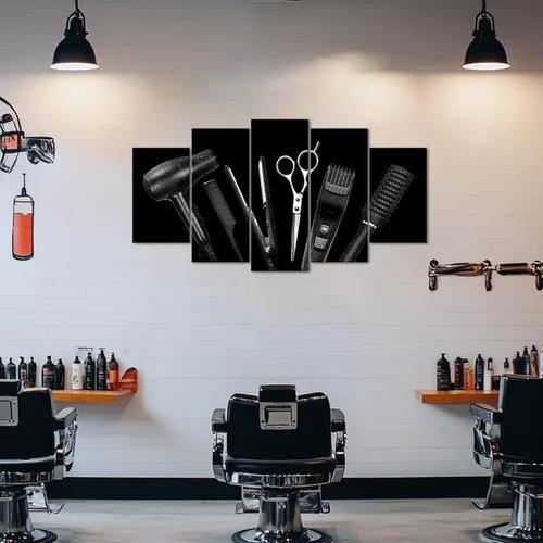 Vista 2 de YeiLnm Herramientas de corte de pelo en blanco y negro para peluquería, arte de pared, decoración de peluquería, herramientas de peluquería, imagen
