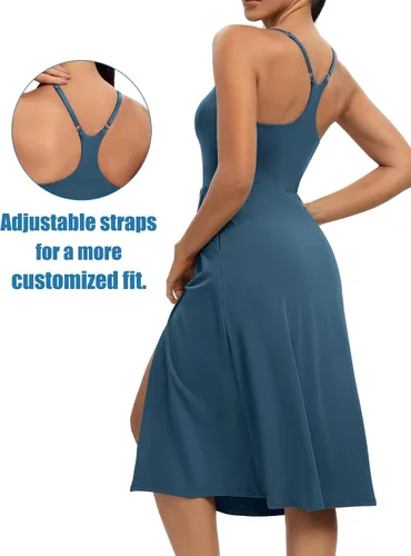 Vista 4 de Vestido atlético con pantalones cortos integrados y brasier con tirantes ajustables, vestido de entrenamiento para tenis, golf, vestidos midi