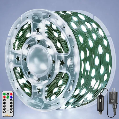 Vista 3 de Ollny Luces LED de 198 pies 600 LED para exteriores, impermeables, enchufables, para árbol de Navidad, con 8 modos de temporizador remoto, cadena