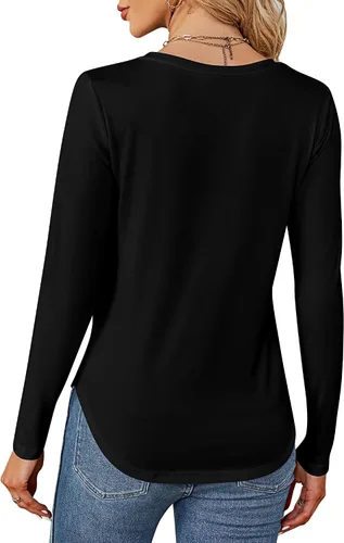 Vista 6 de Ficerd Paquete de 2 camisetas de manga larga para mujer, cuello en V, casuales, ajustadas, básicas, de color sólido, dobladillo curvado