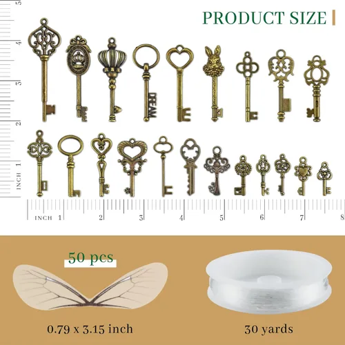 Vista 2 de 46 piezas de llaves de esqueleto vintage con 50 pares de alas de libélula y cuerda elástica de cristal de 30 yardas para hacer joyas, bodas