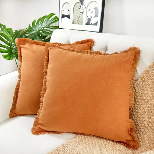 Vista 9 de Juego de 2 fundas de almohada decorativas marrones de 18 x 18 pulgadas, fundas de almohada modernas de granja con borlas de flecos, suaves