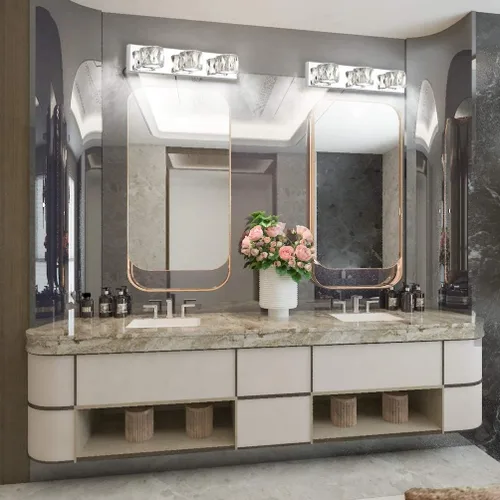Vista 4 de Aipsun 3 luces de cristal para tocador sobre espejo, modernas luces LED para tocador de baño, accesorios de iluminación (luces blancas)