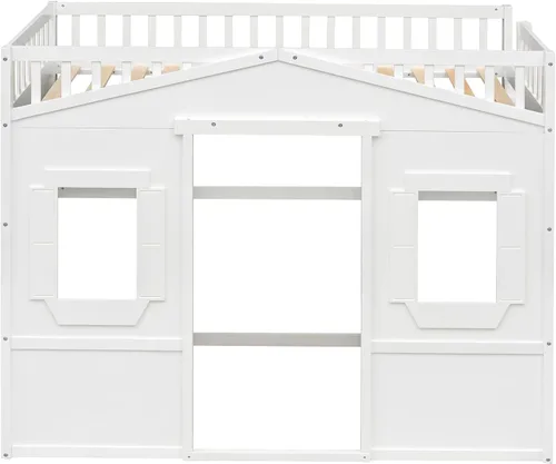 Vista 7 de Base de cama individual tipo loft para niños, cama tipo loft de madera con ventanas y barandilla, cama de casa de juegos, cama tipo loft