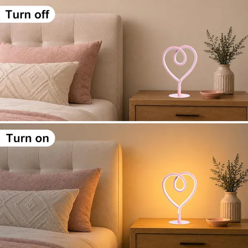 Vista 8 de Lámpara de Mesa Rosa, Lámpara de Escritorio Corazón Ajustable Sin Escalas 3CCT 2700K/4000K/6500K con Adaptador USB, Pequeña Lámpara de Noche