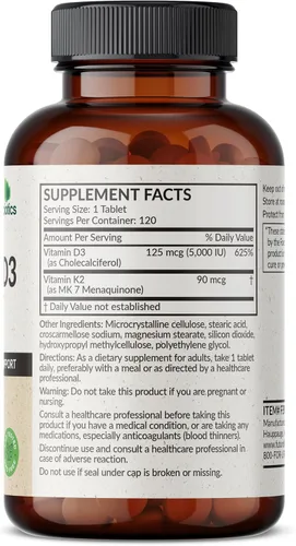 Vista 2 de Futurebiotics Vitamina K2 con D3, soporte 2 en 1, 5000 UI de vitamina D3 y 90 mcg de vitamina K2 MK-7 sin OMG, 120 tabletas