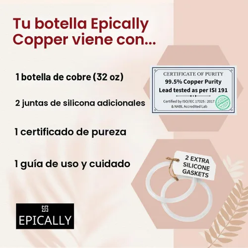 Vista 6 de Botella de agua de cobre puro 99.5% (32 onzas), probada con plomo, sin BPA, 2 juntas de silicona adicionales, resistente a abolladuras gruesas, a