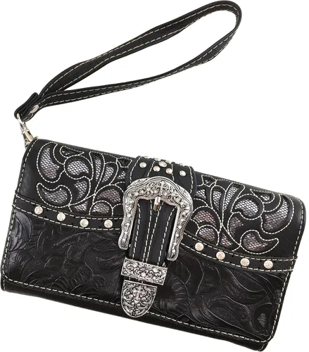 Vista 4 de Justin West Rhinestone Concho Cuero Flecos Brillante Corte Láser Pulsera Trifold Billetera Correa Larga