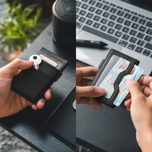 Vista 2 de VULKIT Billetera minimalista con ventana de identificación y bolsillo EDC con bolsillo desplegable para tarjetas de crédito y bloqueo RFID, diseño