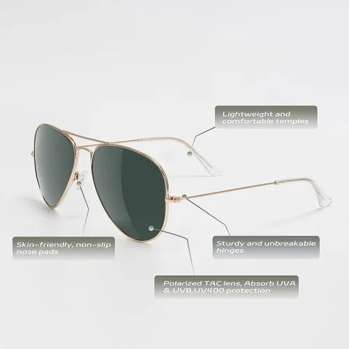 Vista 3 de Yaserra Lentes de sol de aviador polarizados retro para hombres y mujeres, lente TAC espejada, marco de metal, doble puente con protección UV400