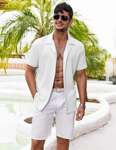 Vista 2 de COOFANDY Camisas casuales de manga corta con botones para hombre, camisa de playa con textura de moda para verano