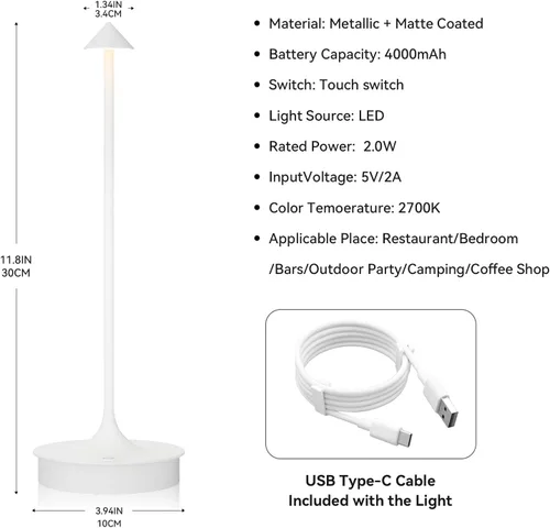 Vista 6 de Lámpara de mesa inalámbrica pequeña, recargable, funciona con pilas, lámpara táctil LED de 4000 mAh, regulable, portátil, impermeable