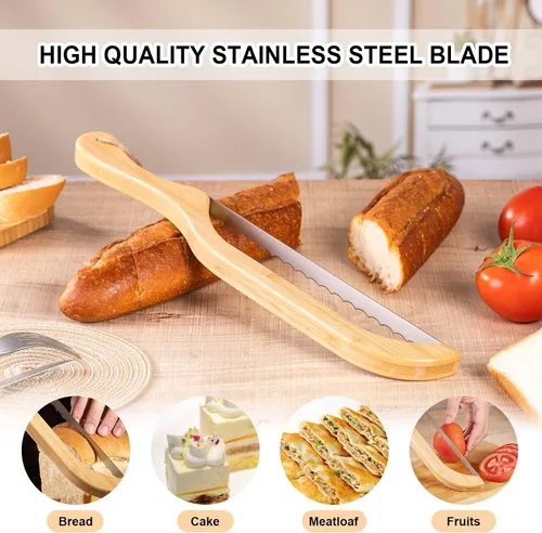 Vista 2 de Cortador de pan de arco premium, cuchillo de pan de masa madre con mango de bambú de 15.6 pulgadas, hoja dentada de acero inoxidable de grado