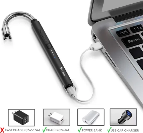 Vista 6 de Encendedor de velas eléctrico SUPRUS USB tipo C recargable, con carcasa de acero y gancho para colgar con cuello flexible de 360° (negro)