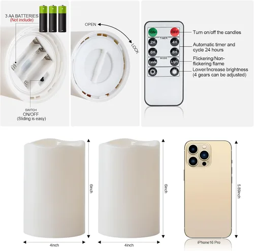 Vista 6 de Amagic Paquete de 2 velas eléctricas de plástico sin llama de 6 x 4 pulgadas para exteriores con control remoto y temporizador, velas falsas