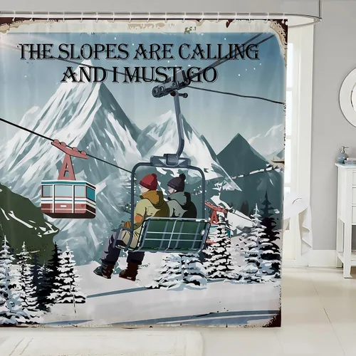 Vista 11 de Cortina de ducha de esquí negro con teñido anudado gris para niños, niñas, adultos, decoración de habitación de esquí, deportes, juegos, cortina