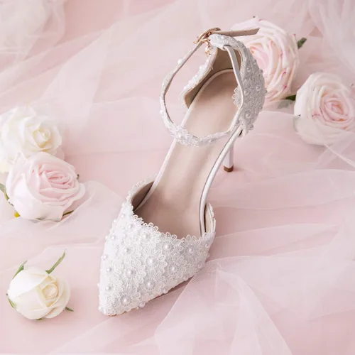 Vista 6 de Sandalias de tacón alto para mujer, con punta cerrada, con encaje floral, correa de perlas de aguja, zapatos de novia, boda, fiesta, 3.74 pulgadas