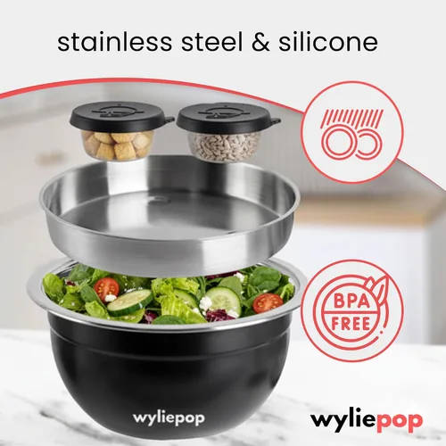Vista 6 de Kit de Ensaladera de Acero Inoxidable de 64 oz y Juego de Cubiertos de Bambú de 3 Piezas con 2 Recipientes para Condimentos, Bandeja Insertable