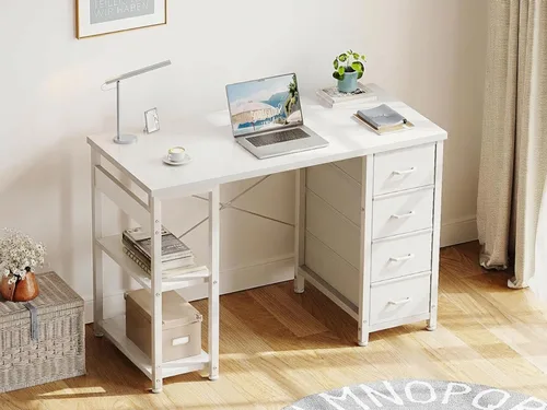 Vista 2 de ODK - Escritorio pequeño de 40 pulgadas, color blanco, con 4 cajones de tela, escritorio moderno para oficina en casa, para juegos y estudio