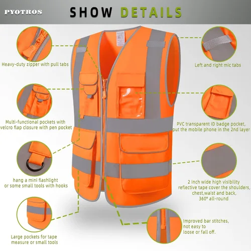 Vista 3 de Chaleco de seguridad reflectante de alta visibilidad para hombres con bolsillos