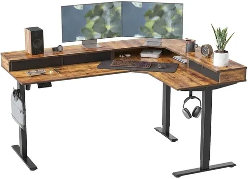Vista 12 de CubiCubi Escritorio de pie en forma de L de 63 x 48 pulgadas con 3 cajones y estante para monitor, escritorio esquinero de altura ajustable