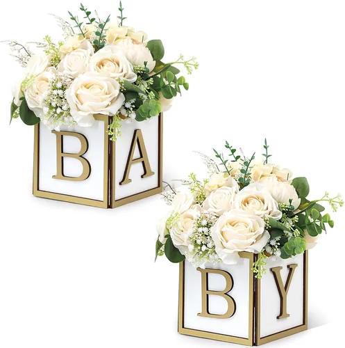 Vista 13 de Juego de 4 centros de mesa de baby shower para mesas, cajas de madera de 6 pulgadas con letras de bebé, cubos rústicos, bloques de madera para Rosa