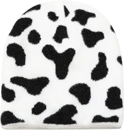 Vista 4 de Gorro de invierno con estampado de vaca, diseño de animales, doble capa, color blanco