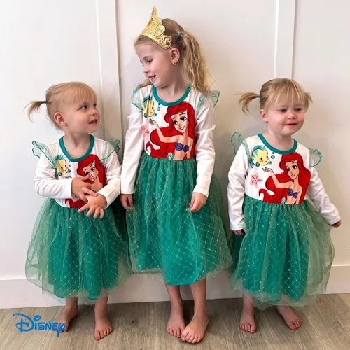 Vista 4 de Disney Frozen Elsa Princess Cenicienta Ariel Jasmine Rapunzel Vestido para bebéniño pequeño, vestido de tul superpuesto de malla con volantes