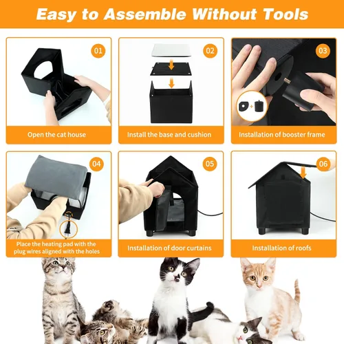 Vista 7 de Casas térmicas para gatos en invierno, impermeables, casa para gatos con calefacción elevada, aislada, exterior, refugio con puerta de escape