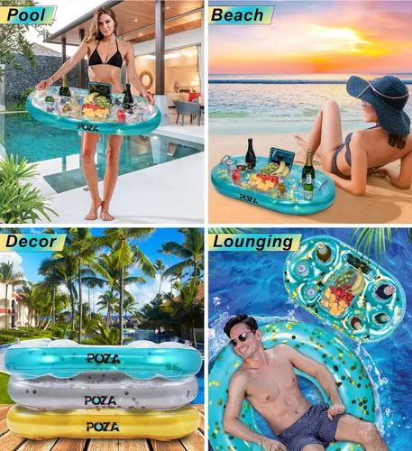 Vista 4 de POZA Hielera flotante inflable dorada – Lujoso soporte para bebidas relleno de confeti brillante, flotador de fiesta premium con 8 soportes, barra