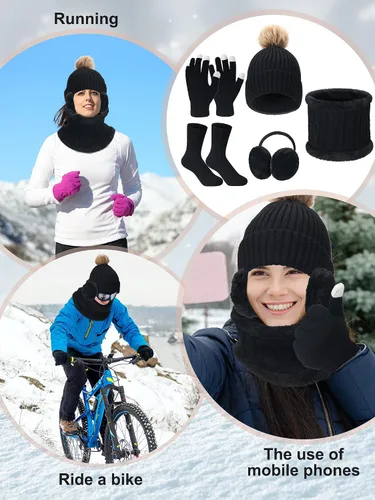 Vista 5 de Conjunto de 5 piezas de gorro y guantes de invierno para mujer, gorro de punto para excursión de esquí, gorro de pompón, calentador de orejas