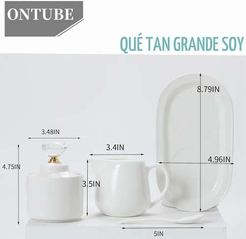 Vista 5 de ONTUBE Ceramic Sugar and Creamer with tray and Crystal Lid Set of 4 (Gold)