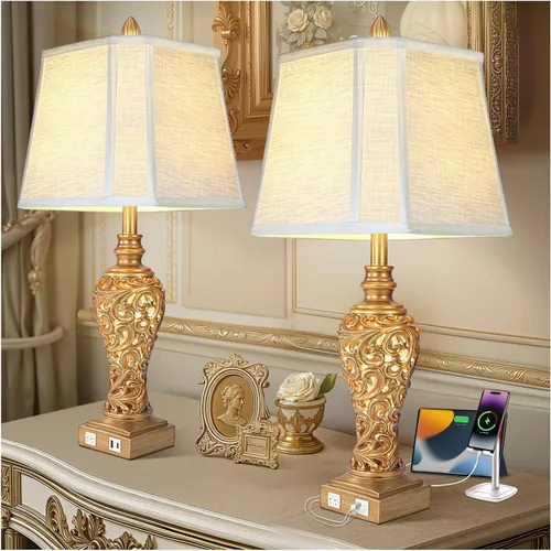 Vista 17 de Juego de 2 lámparas de mesa de noche con luz nocturna y puertos USB A+C, lámparas de mesa vintage de 27" de alto con acabado de hoja de plata