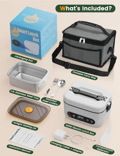 Vista 9 de Fiambrera eléctrica inalámbrica, 1.2 L, alimentada por batería, 100 W, 24000 mAh, recargable, portátil, calentador de alimentos autocalentable