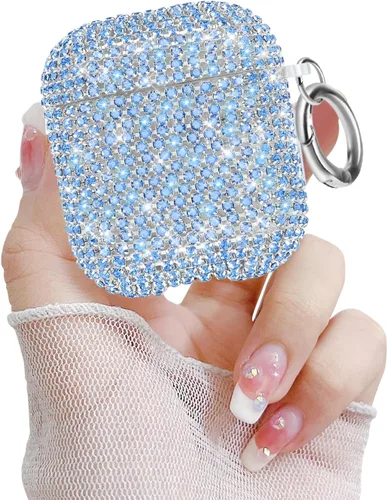 Vista 18 de Newseego Funda para AirPods de 1 y 2 generación, funda de lujo con diamantes de imitación brillantes con llavero para mujeres y niñas, anti-pérdida
