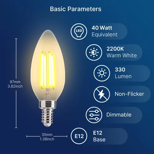 Vista 2 de FLSNT Bombillas LED ámbar para candelabros equivalentes a 40 W, bombillas LED B11 E12, 2200 K blanco cálido, regulable, 330 lm, 96 unidades UL