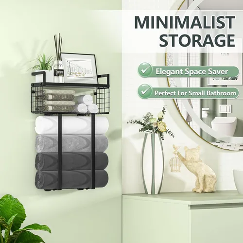 Vista 7 de Xstydes Toalleros para baño, toallero de metal con cesta de almacenamiento, toallero de pared para toallas enrolladas, almacenamiento de toallas