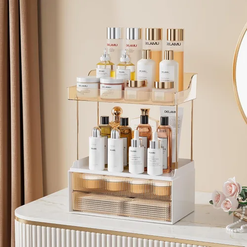 Vista 3 de Delamu Organizador y almacenamiento de baño, 2 niveles y 2 cajones, organizador de maquillaje, fácil de instalar, ideal para encimera de baño, Ámbar