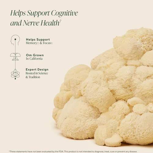 Vista 4 de Om Mushroom Superfood Suplemento de superalimento de cápsulas de hongos melena de león de 90 unidades, 30 días, cuerpo de fruta y micelio nootrópico