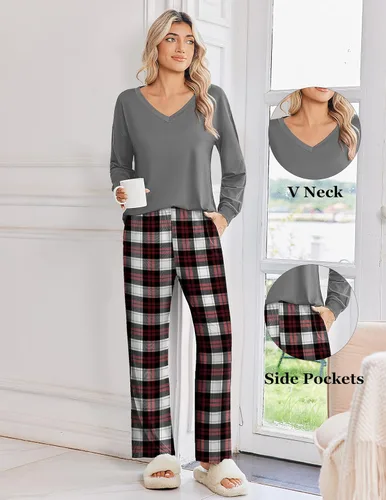Vista 5 de Ekouaer Conjunto de 2 pijamas para mujer, pijamas de manga larga con camiseta y pantalones, cuello en V, pijamas suaves con bolsillos, ropa