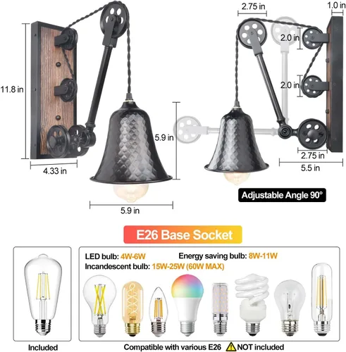 Vista 5 de Steampunk - Lámpara de pared industrial de polea enchufable, lámpara vintage de metal negro con interruptor, lámpara de pared retro con cable