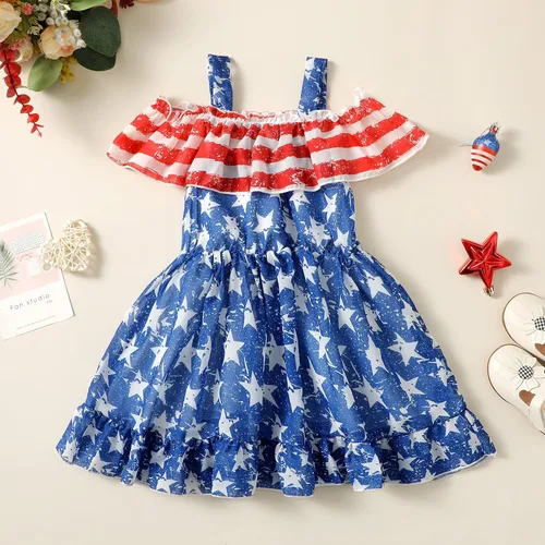 Vista 7 de Sanpersonlin Vestido de verano para niñas pequeñas, vestido de bandera americana, 4 de julio, estrellas y rayas, vestidos de princesa de gasa