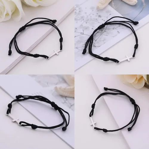 Vista 5 de LIKGREAT Pulsera de cordón de cera trenzada hecha a mano con dije de cruz cristiana para mujer, Sin gemas.