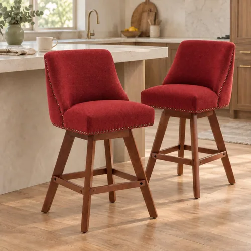 Vista 16 de Juego de 2 taburetes de bar giratorios modernos, taburetes de bar de 26.6 pulgadas de altura de mostrador beige con respaldo para isla de cocina